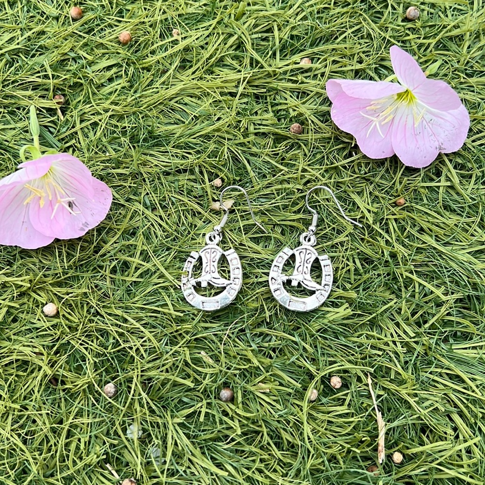 Horseshoe and boots charm long earrings